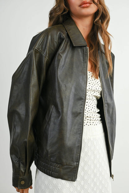 Collared Zip-Front Leather Jacket