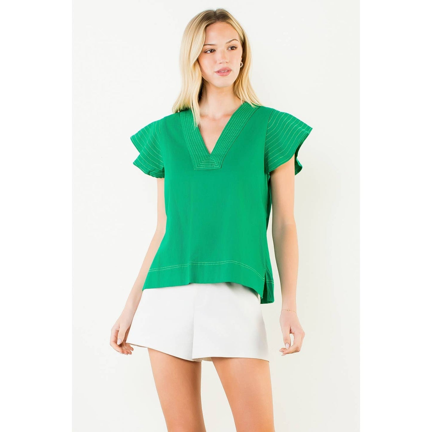 Stitched V-Neck Short Sleeve Top