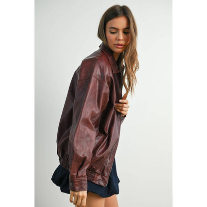 Collared Zip-Front Leather Jacket
