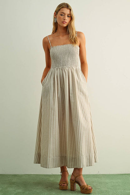 STRIPED FABRIC WITH SMOCKING TOP MAXI DRESS