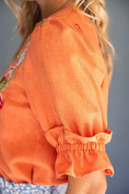 Floral Embroidery Elastic Ruffled Half Sleeve Top