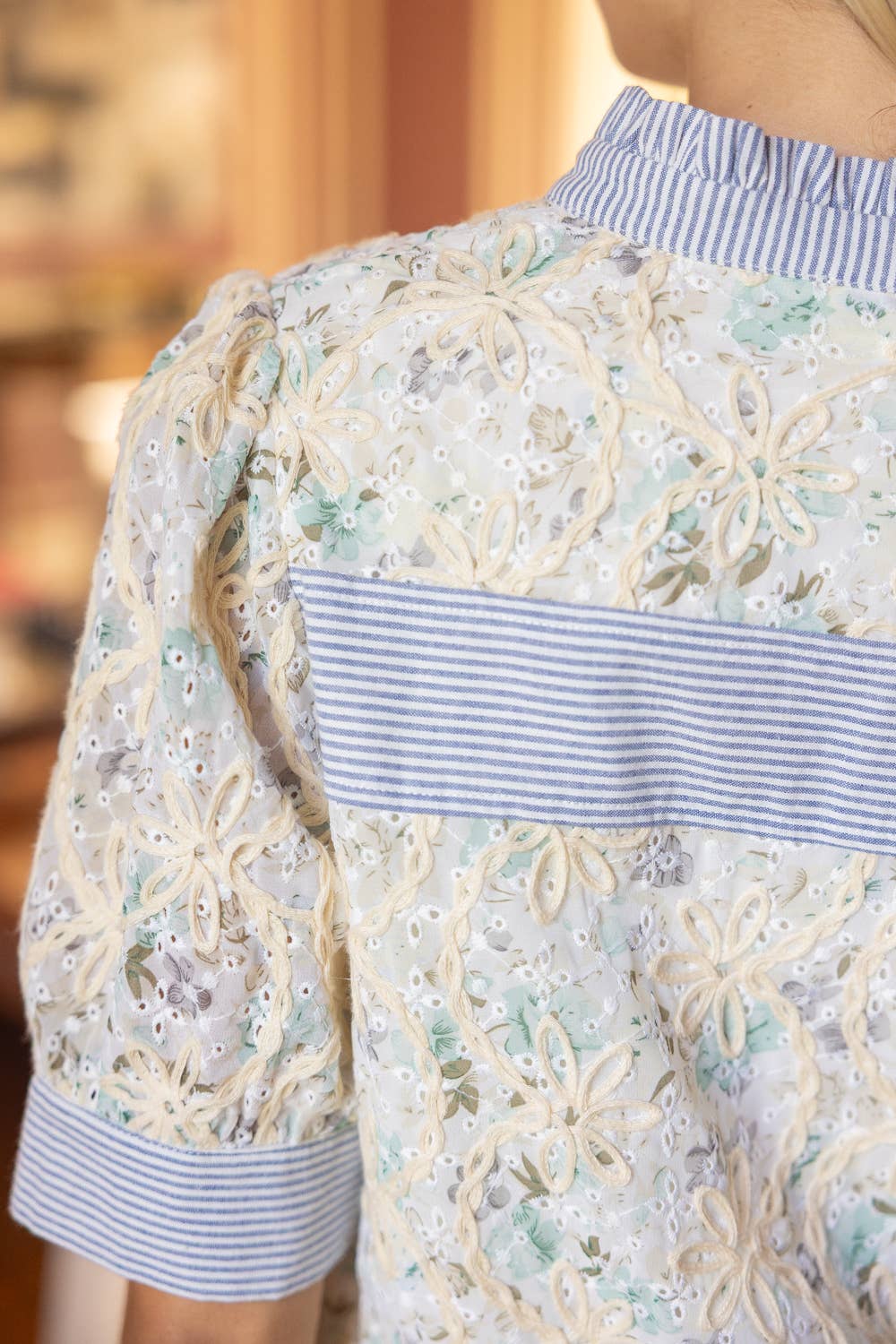 36755 Stripe Contrast Detail Floral Embroidered Top
