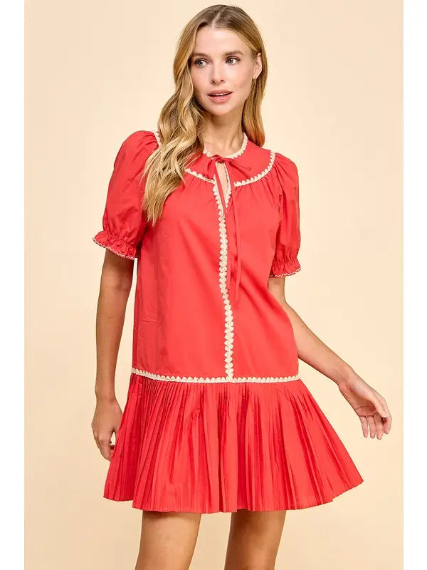 Embroidery Trim Split Neckline Dress