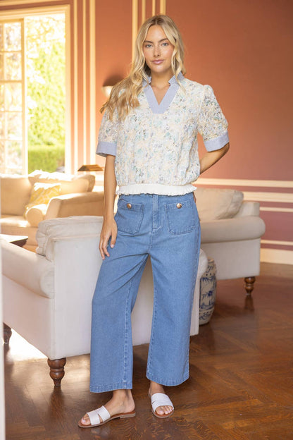 36755 Stripe Contrast Detail Floral Embroidered Top