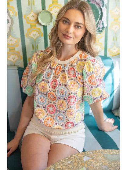 Floral Embroidered Print Bubble Sleeve Top