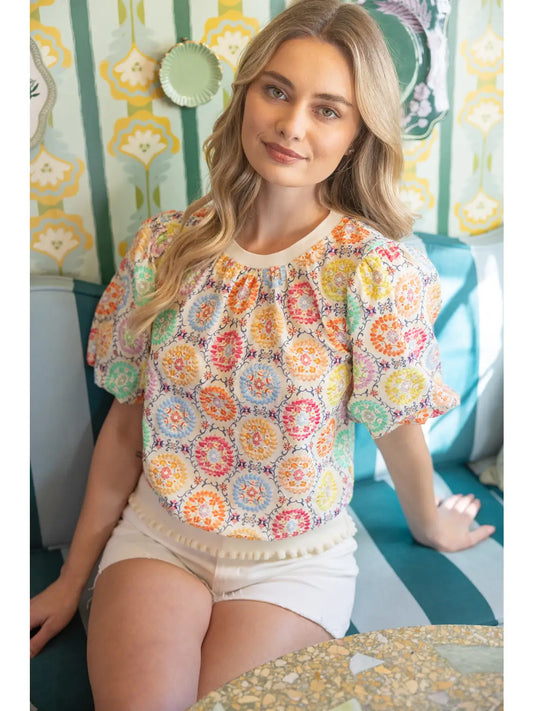 Floral Embroidered Print Bubble Sleeve Top