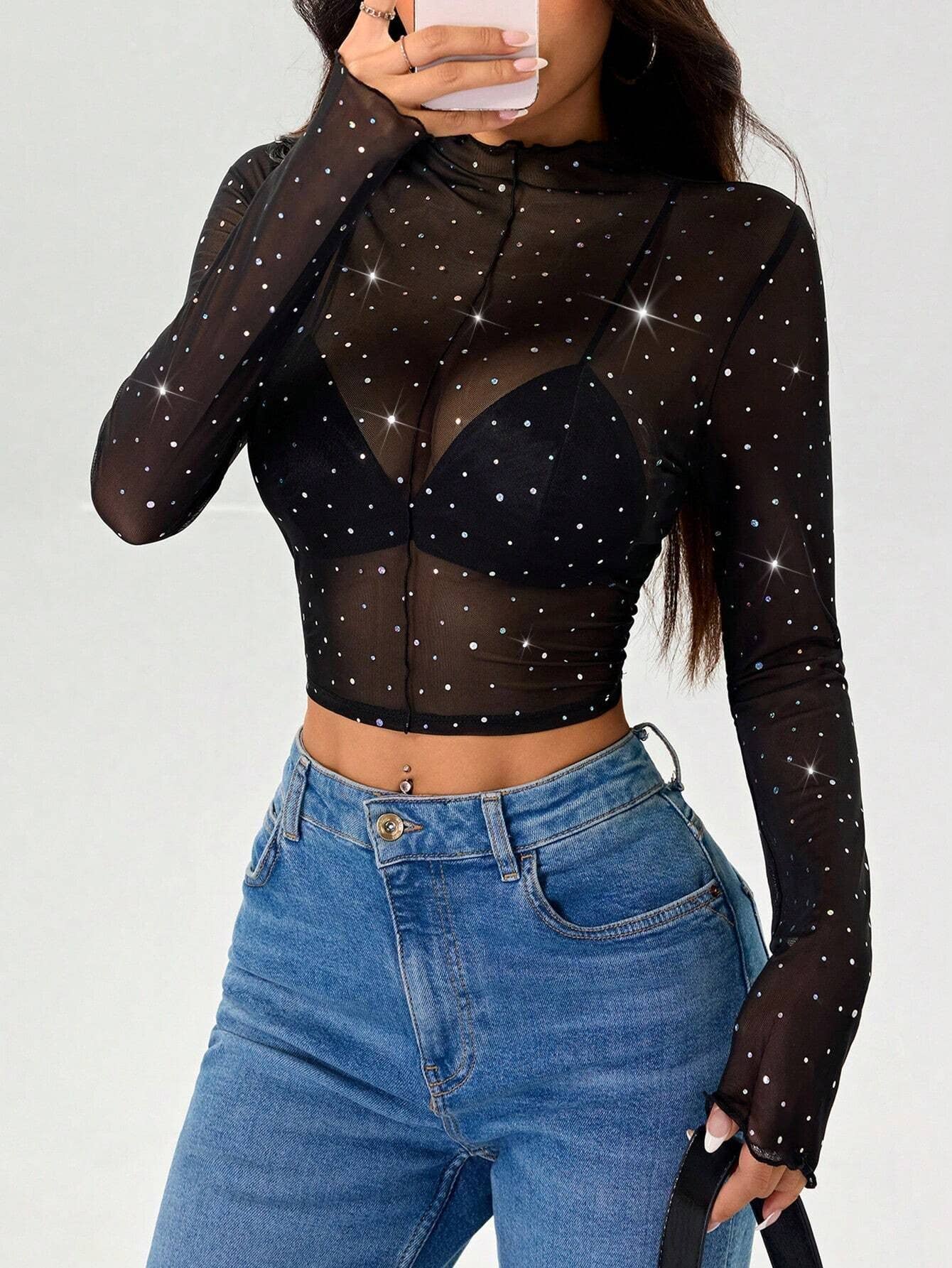 Color Sequin Mesh Top
