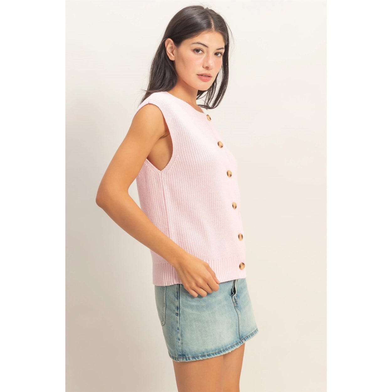 Sleeveless Button-Up Ribbed Vest