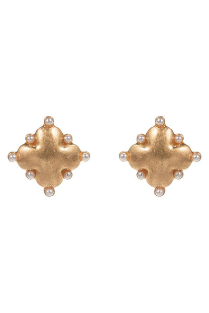 Clover Domed W Pearl Accent Titanium Post Earrings