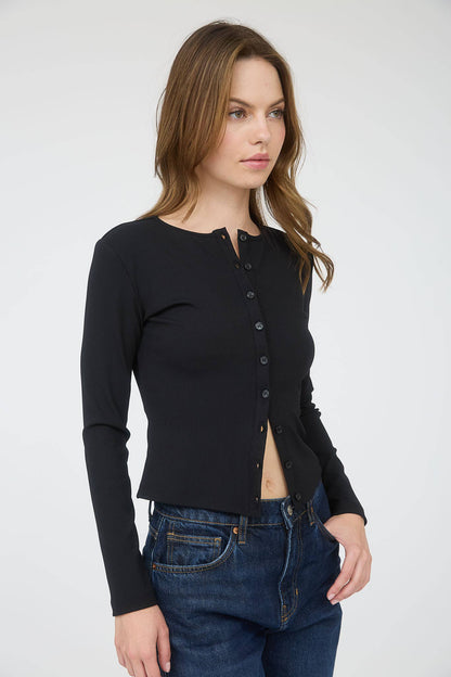 RIBBED LONG SLEEVE BUTTON DOWN KNIT TOP