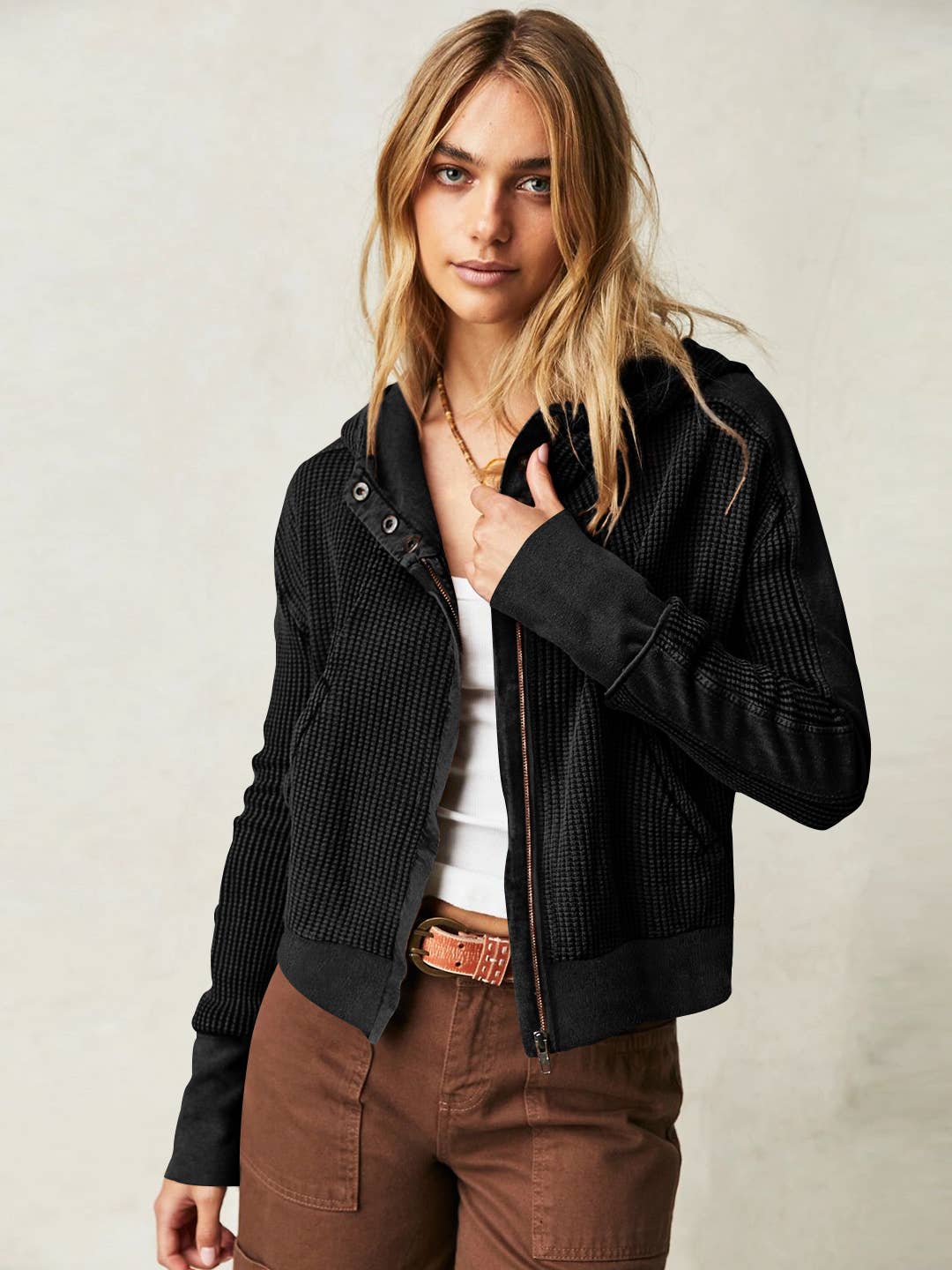 Full zip waffle cropped hoodie