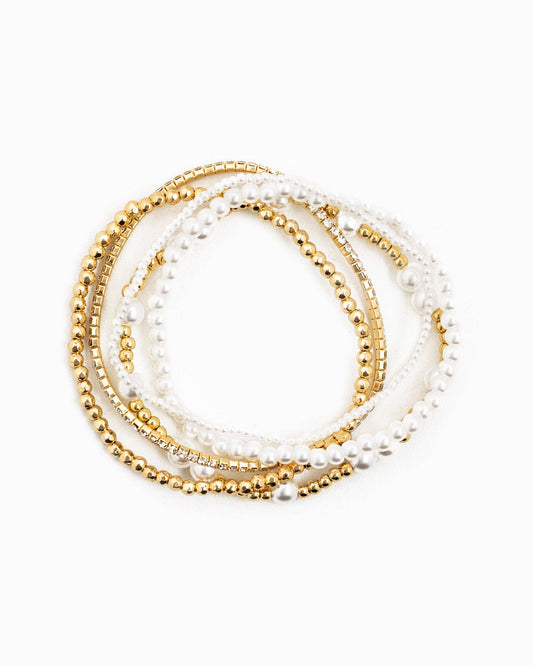 Unique Gold Ball Beaded Pearl Stretch Bracelet Set of 5