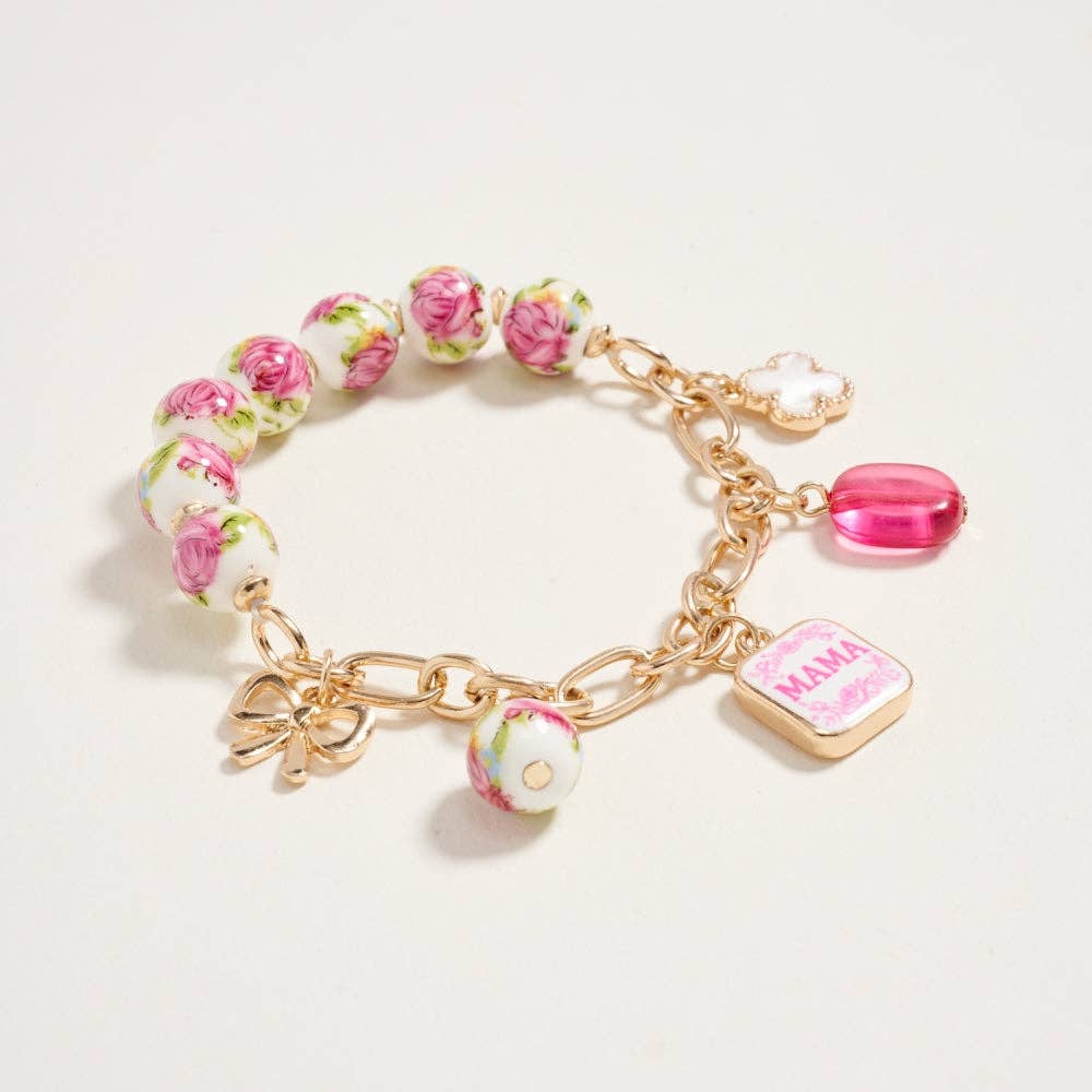 7.25 Inch Ceramic Floral Bead Mama Charm Bracelet