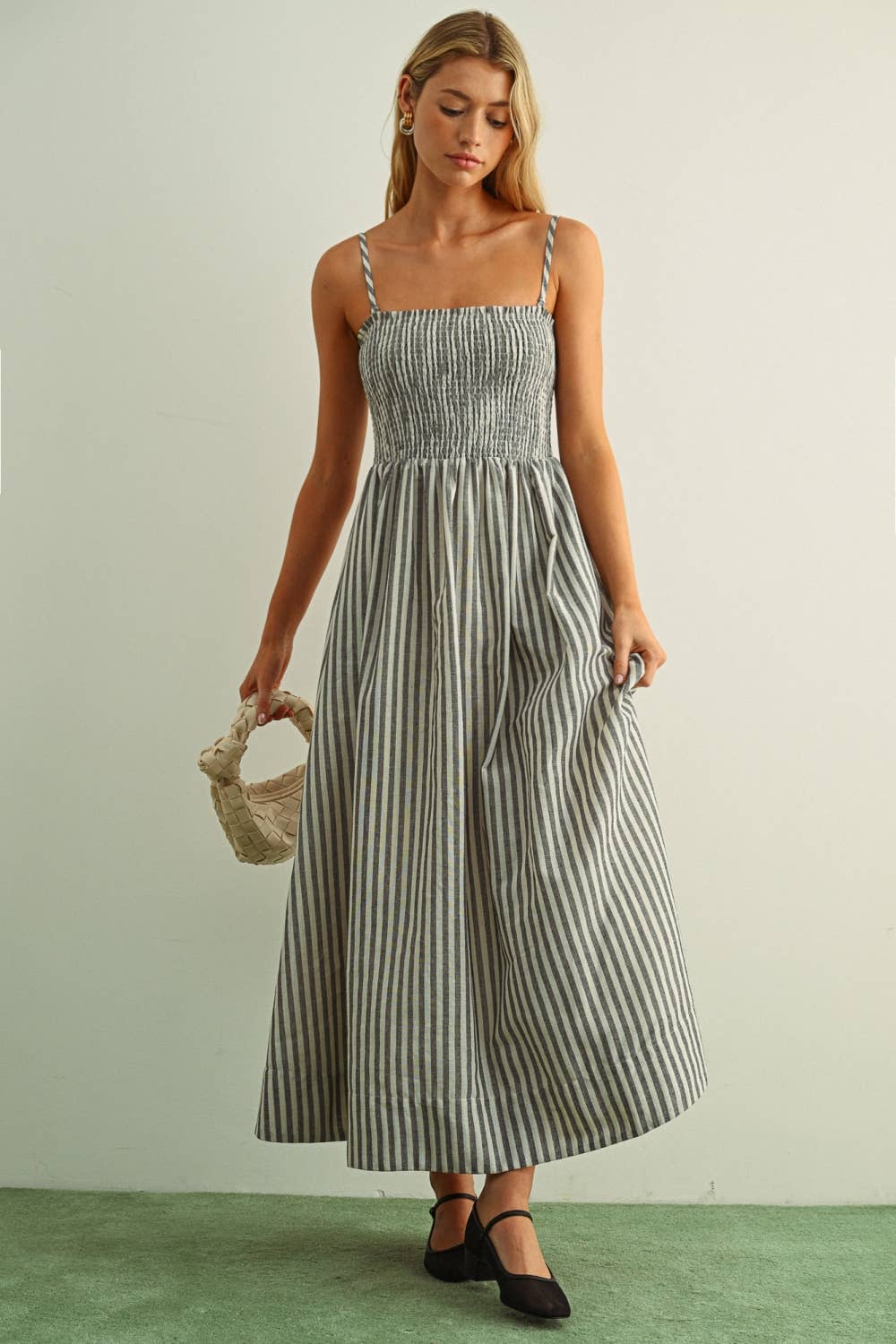 STRIPED FABRIC WITH SMOCKING TOP MAXI DRESS