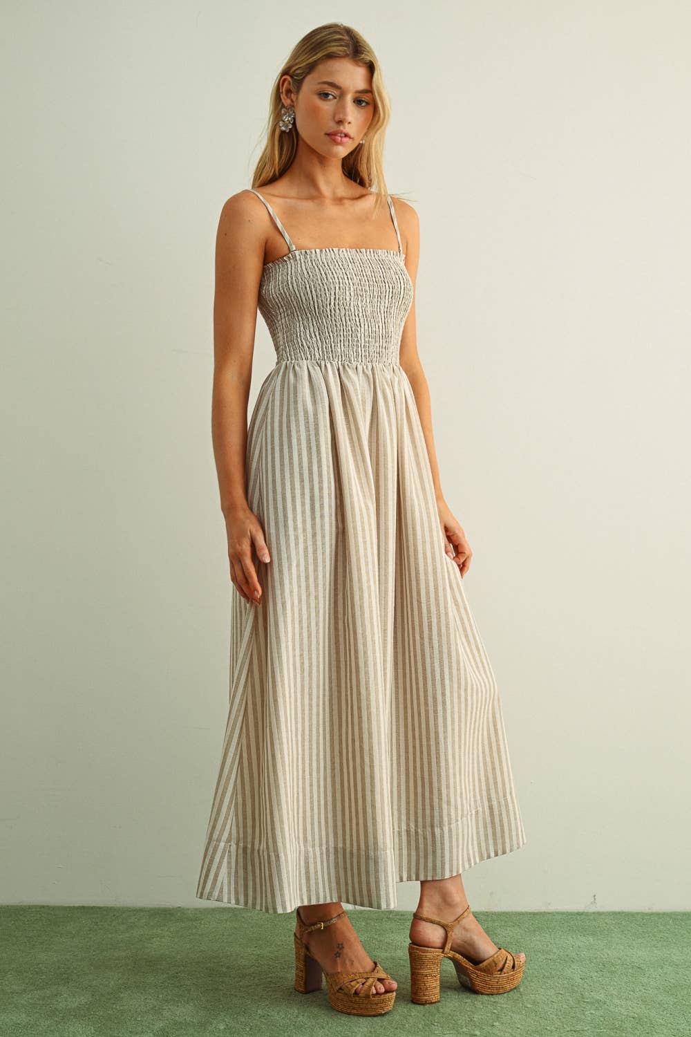STRIPED FABRIC WITH SMOCKING TOP MAXI DRESS