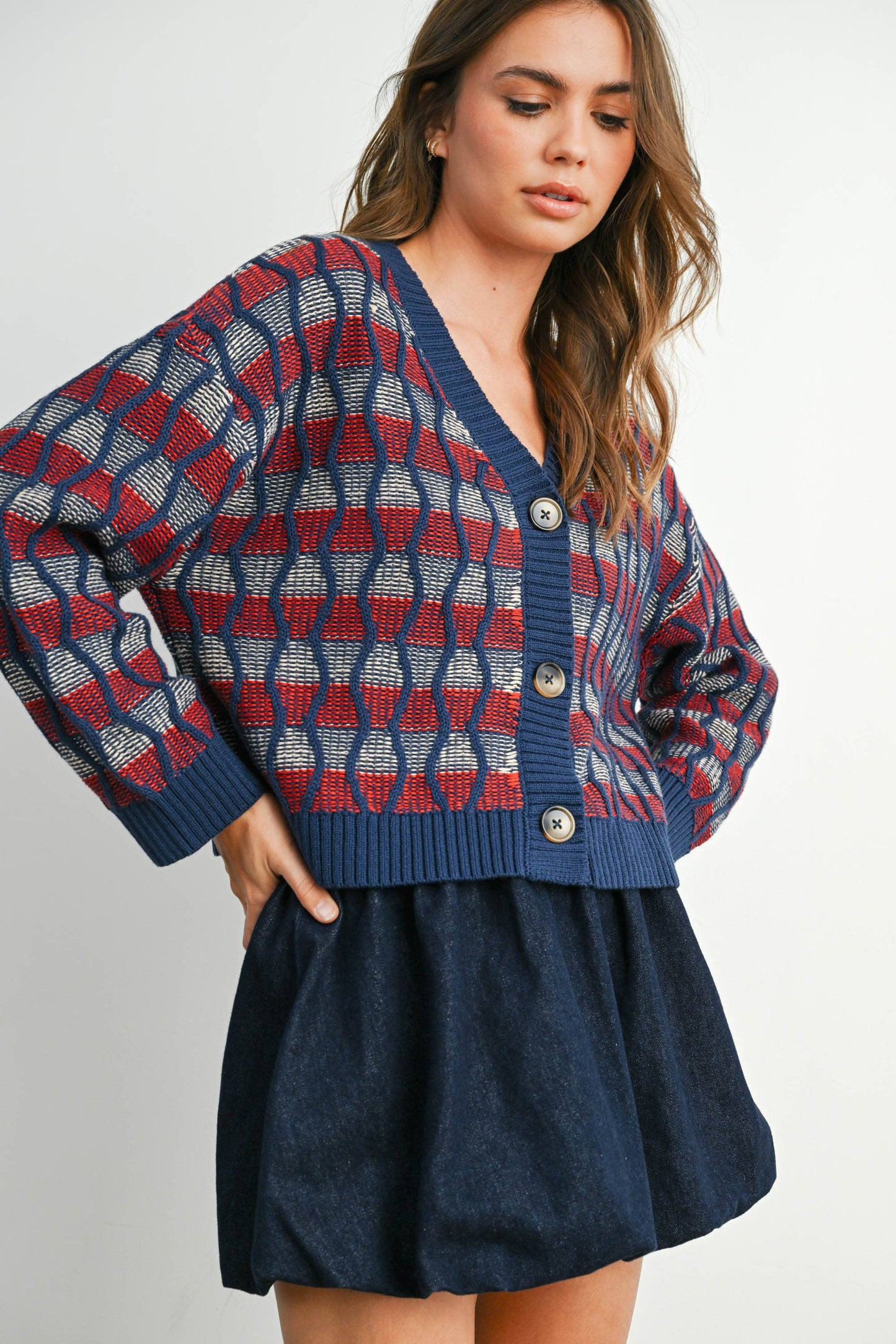 Geometric V-Neck Button-Down Long Sleeve Top