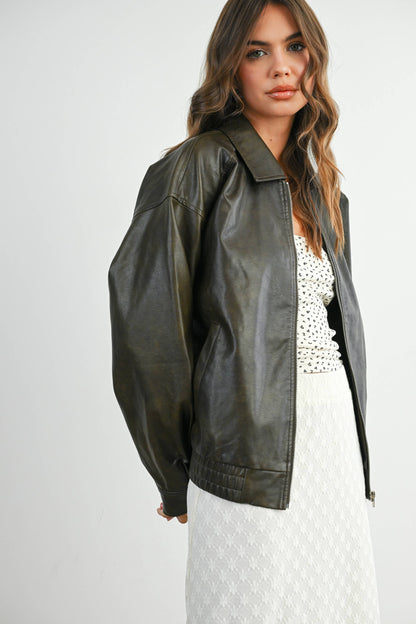 Collared Zip-Front Leather Jacket