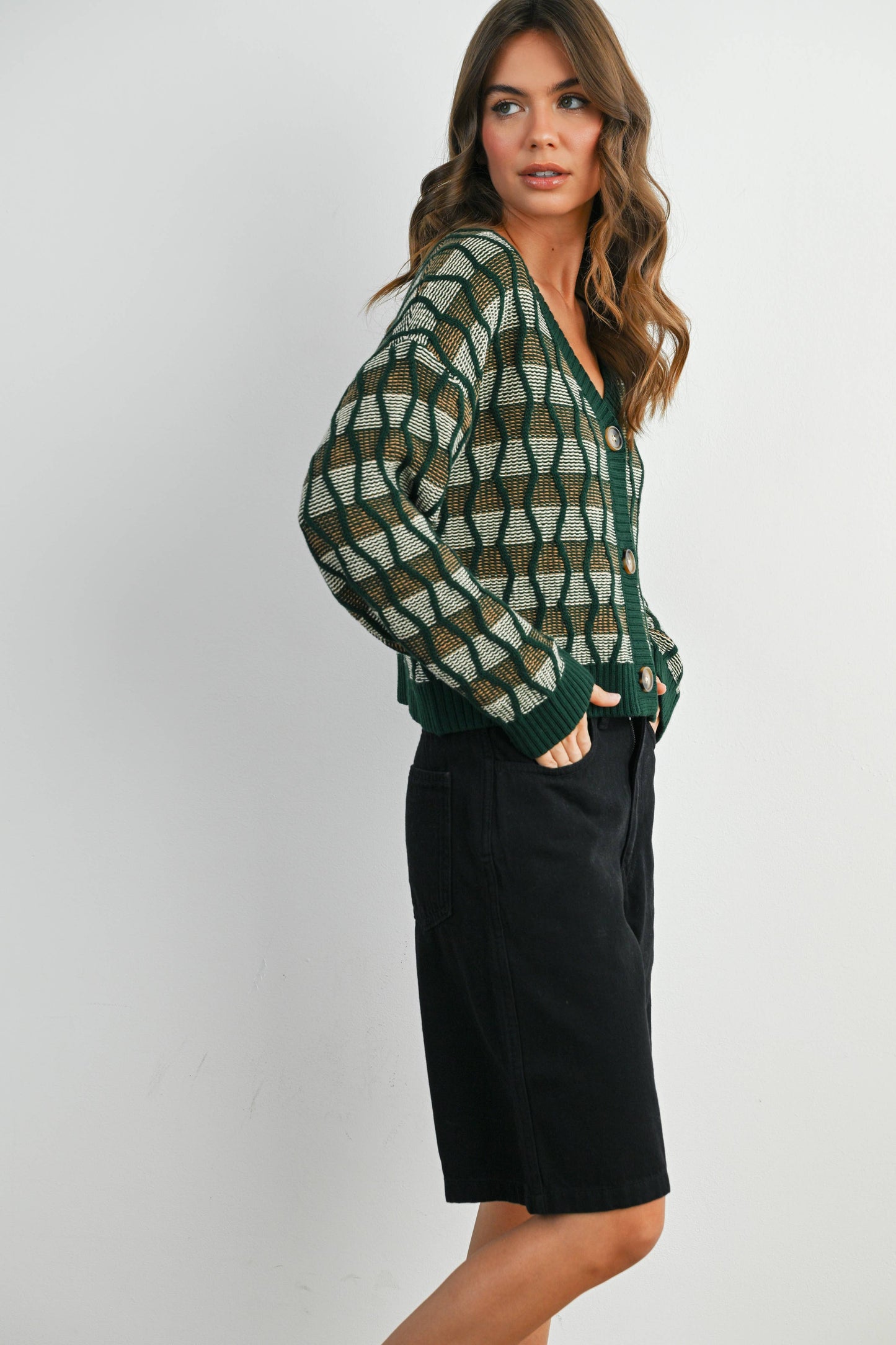 Geometric V-Neck Button-Down Long Sleeve Top