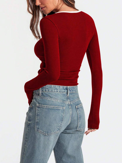 Square-neck y2k basic ribbed long-sleeve