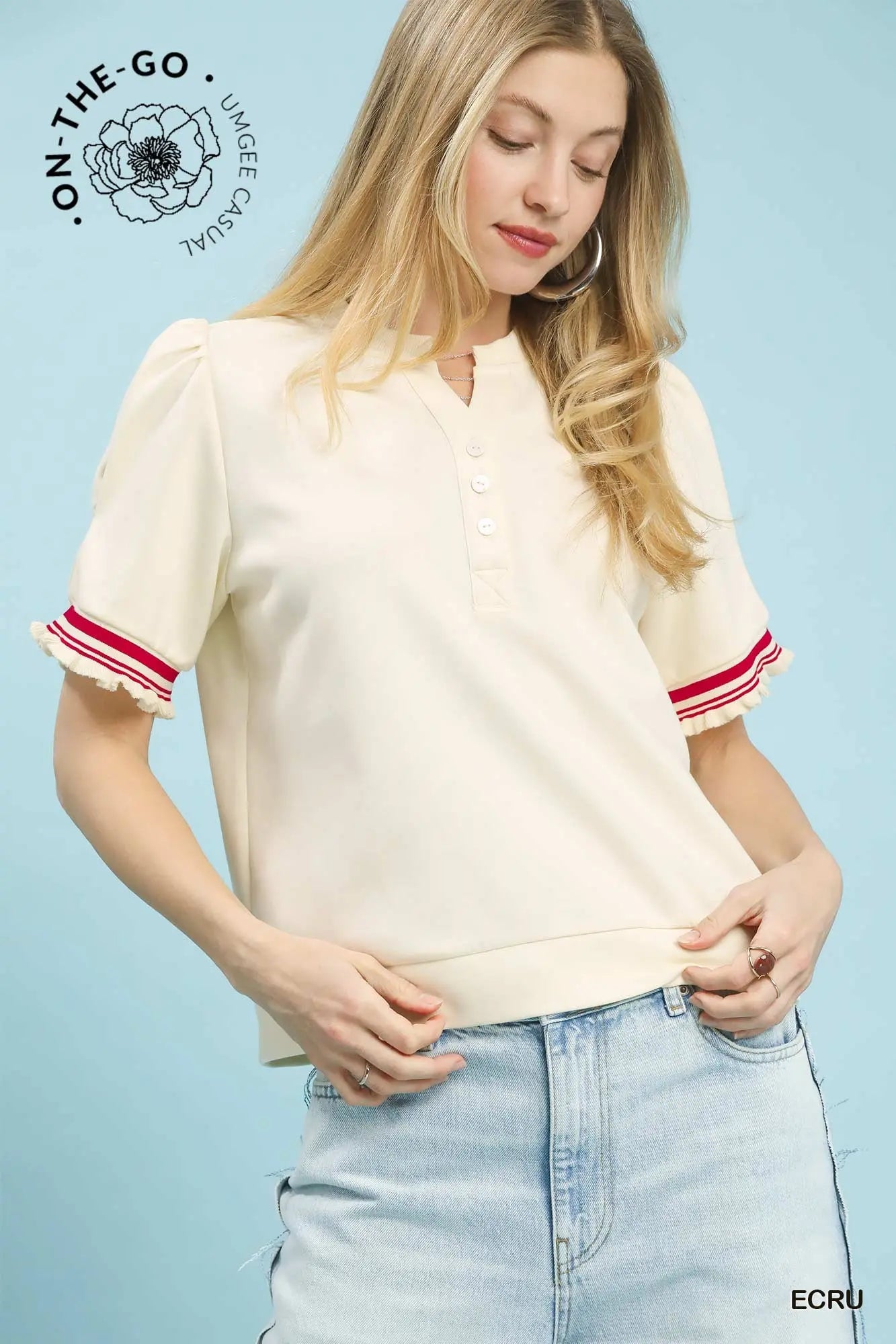 Puff Sleeve Knit Top with Contrast Trim ECRU