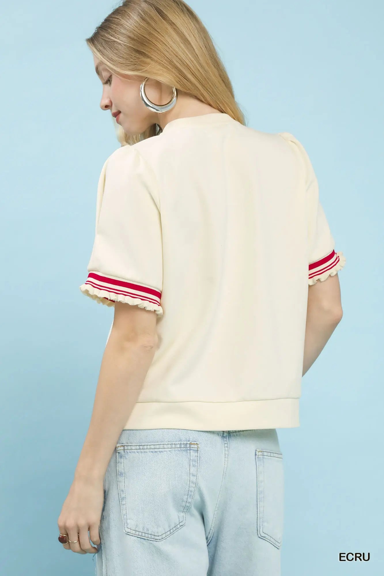 Puff Sleeve Knit Top with Contrast Trim ECRU
