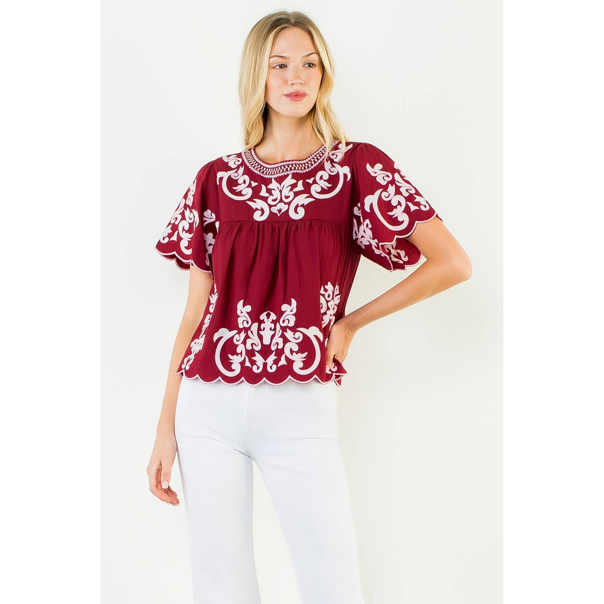 Flutter Sleeve Embroidery Detail Top