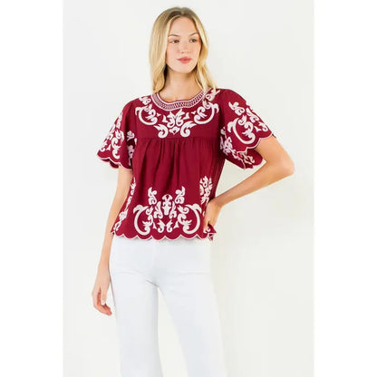Flutter Sleeve Embroidery Detail Top