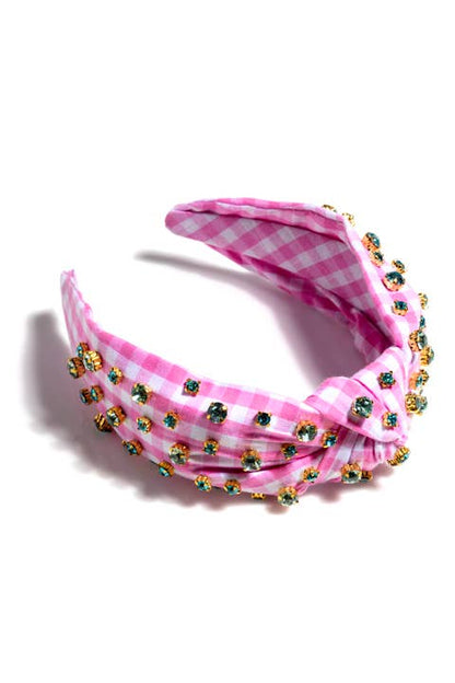 EMBELLISHED GINGHAM KNOTTED HEADBAND