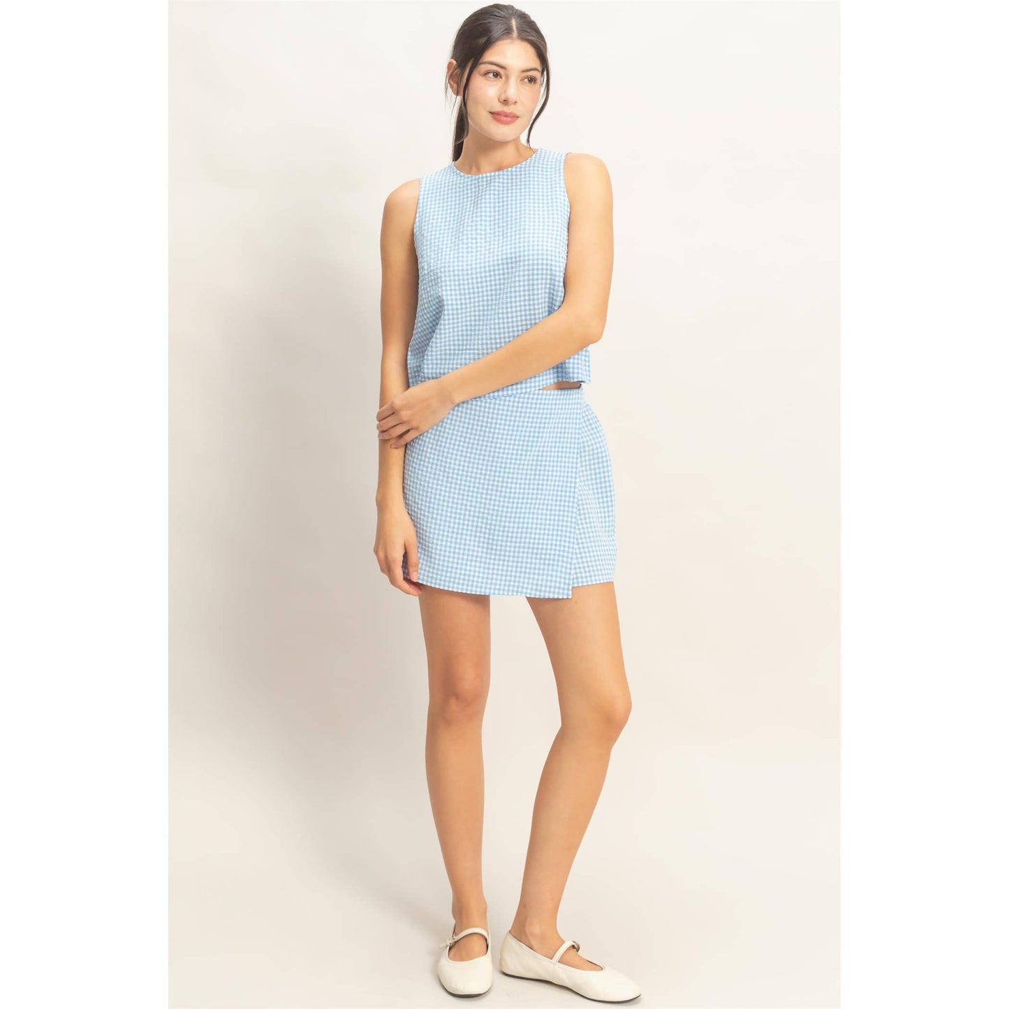 Gingham Checkered Sleeveless Top And Skort Set