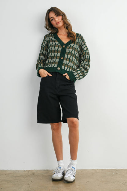 Geometric V-Neck Button-Down Long Sleeve Top