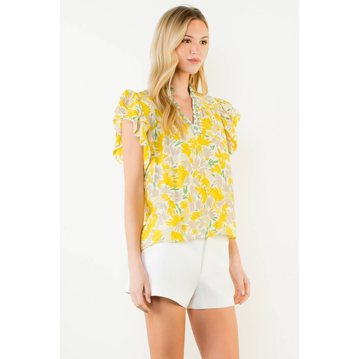 Flowy Sleeve Floral Print V-Neck Top