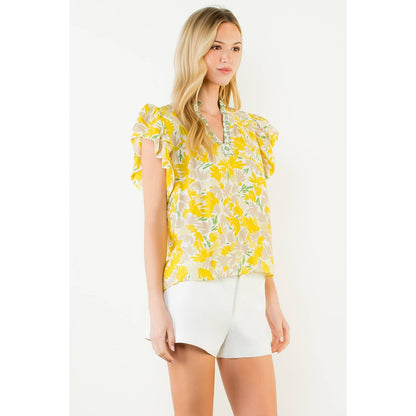 Flowy Sleeve Floral Print V-Neck Top