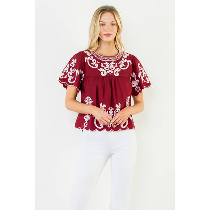 Flutter Sleeve Embroidery Detail Top