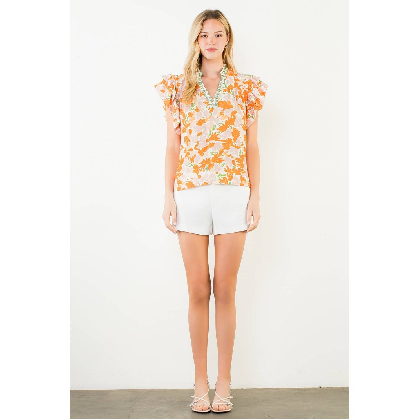 Flowy Sleeve Floral Print V-Neck Top