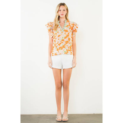 Flowy Sleeve Floral Print V-Neck Top