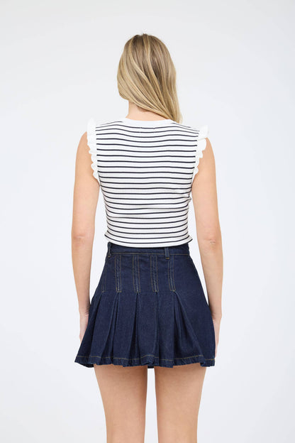 STRIPE RUFFLE TRIM SLEEVELESS PULLOVER SWEATER