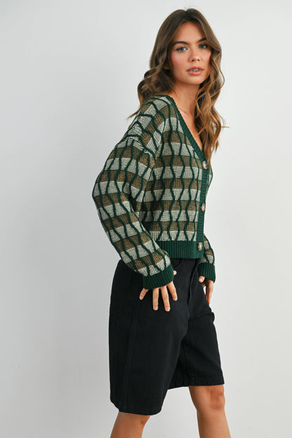 Geometric V-Neck Button-Down Long Sleeve Top