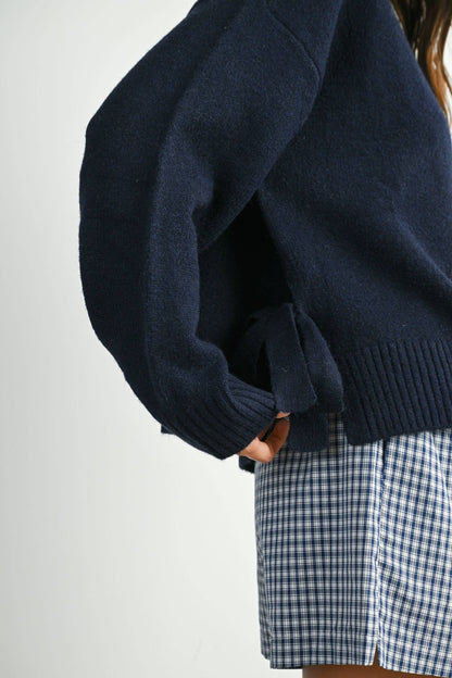 Tie Split-Hem Crewneck Long Sleeve Top