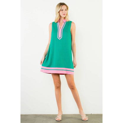 Sleeveless Split Neck Contrast Trim Dress