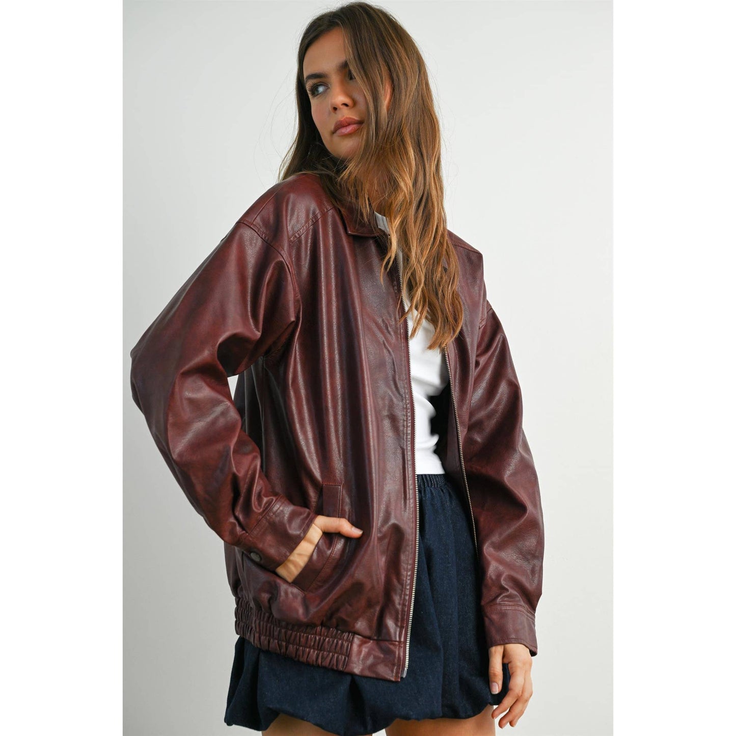 Collared Zip-Front Leather Jacket