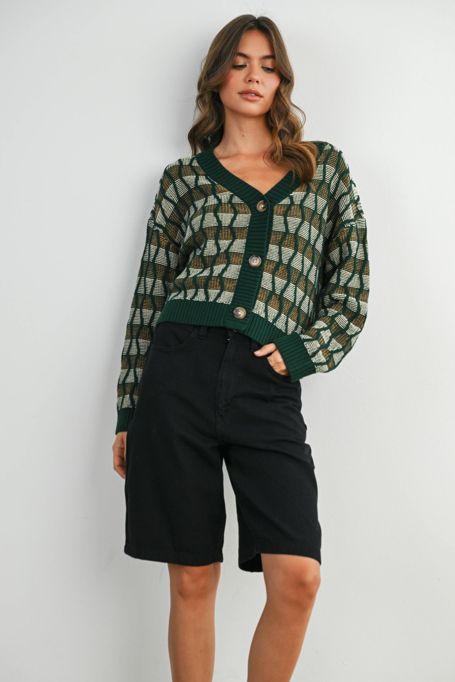 Geometric V-Neck Button-Down Long Sleeve Top