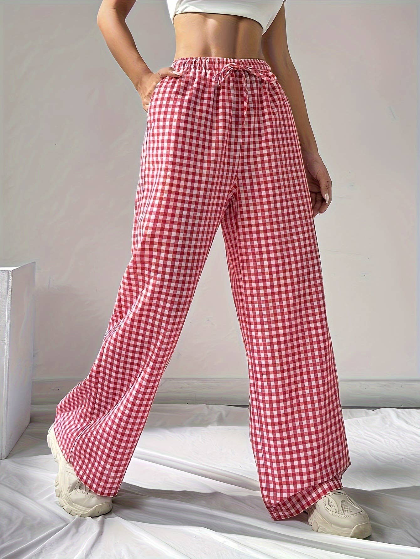 Red Gingham Wide Leg Pants