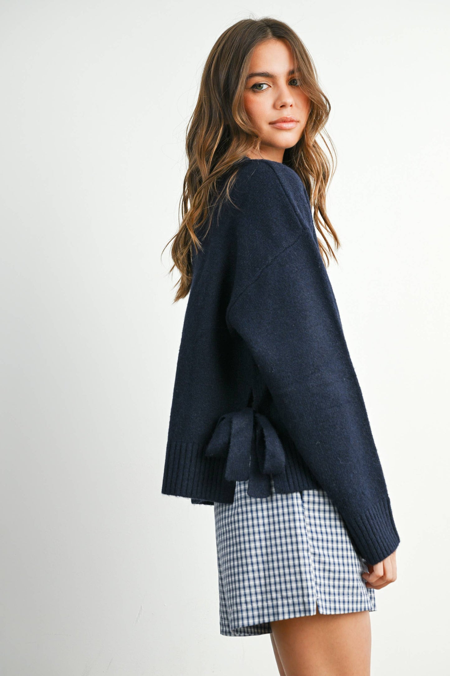 Tie Split-Hem Crewneck Long Sleeve Top