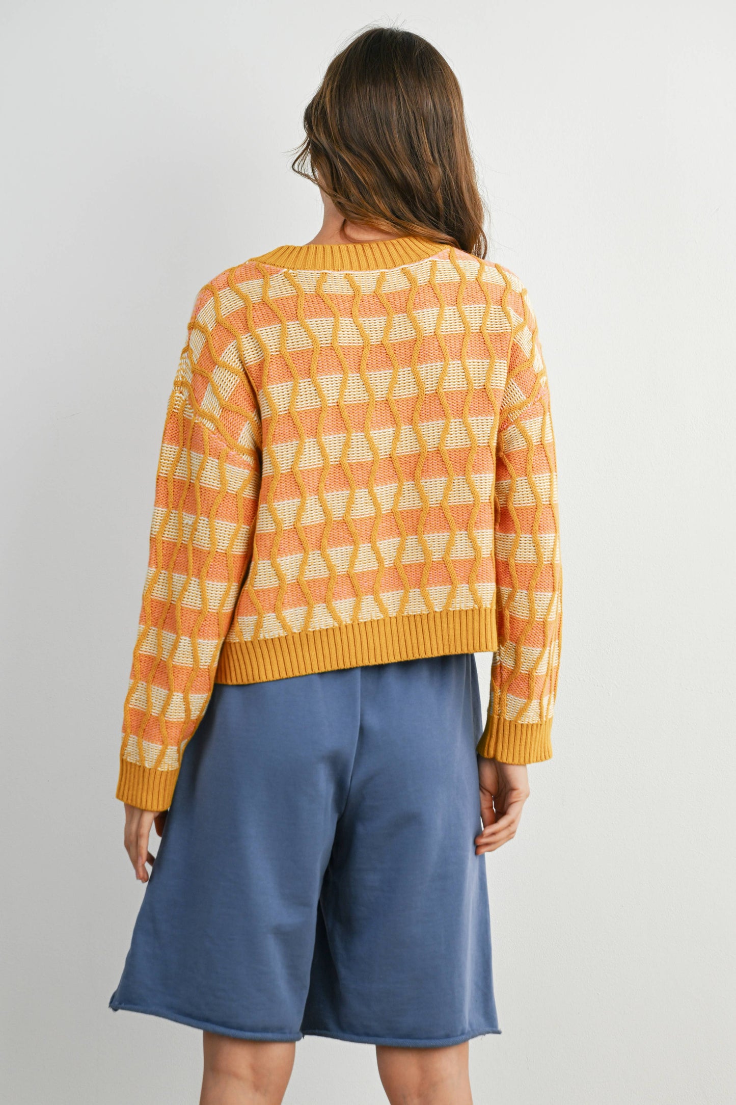 Geometric V-Neck Button-Down Long Sleeve Top