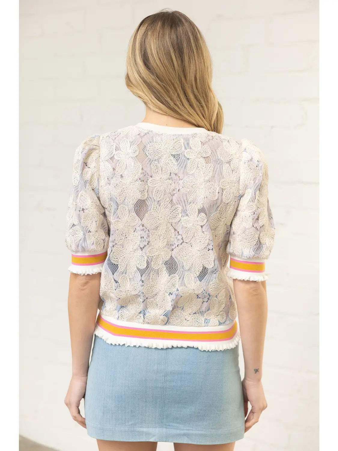 Stripe Ribbed Band Floral Embroidered Lace Top