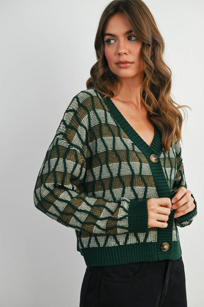 Geometric V-Neck Button-Down Long Sleeve Top