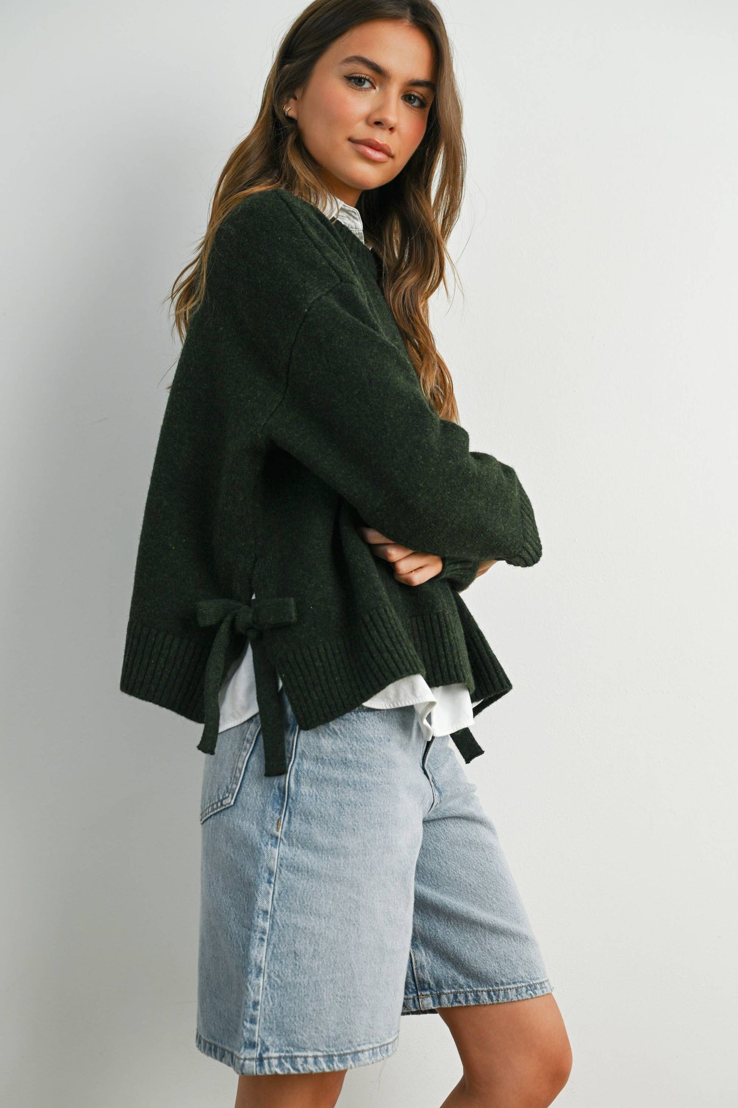 Tie Split-Hem Crewneck Long Sleeve Top