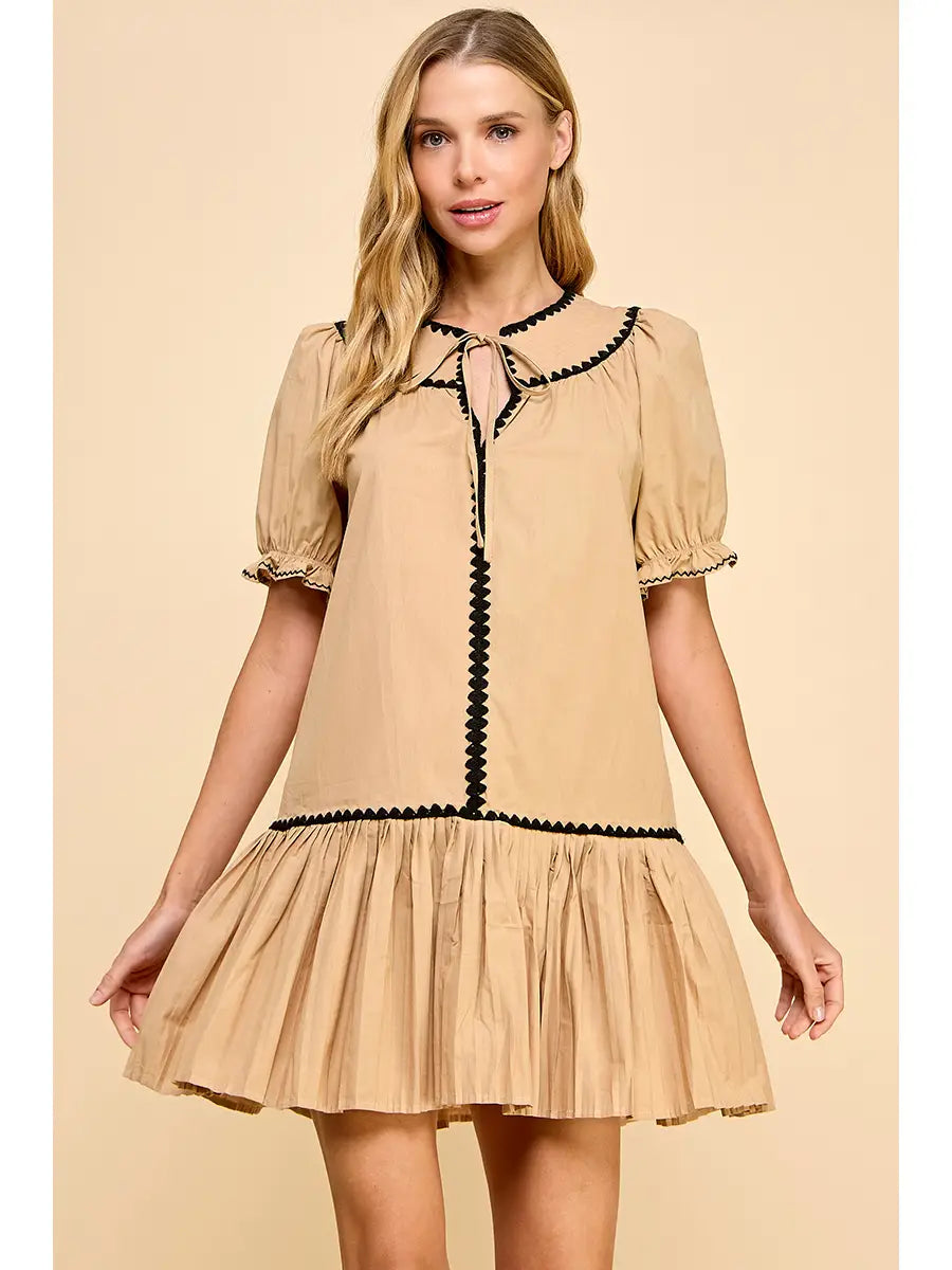 Embroidery Trim Split Neckline Dress