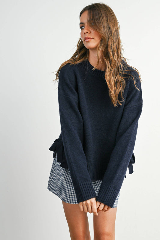 Tie Split-Hem Crewneck Long Sleeve Top