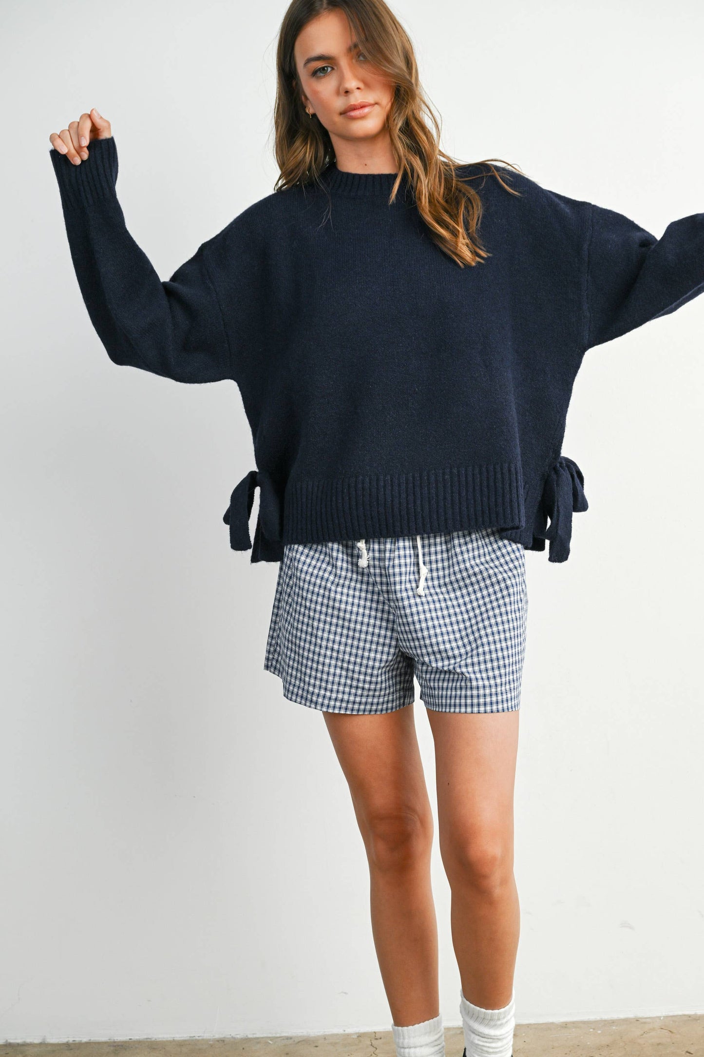 Tie Split-Hem Crewneck Long Sleeve Top